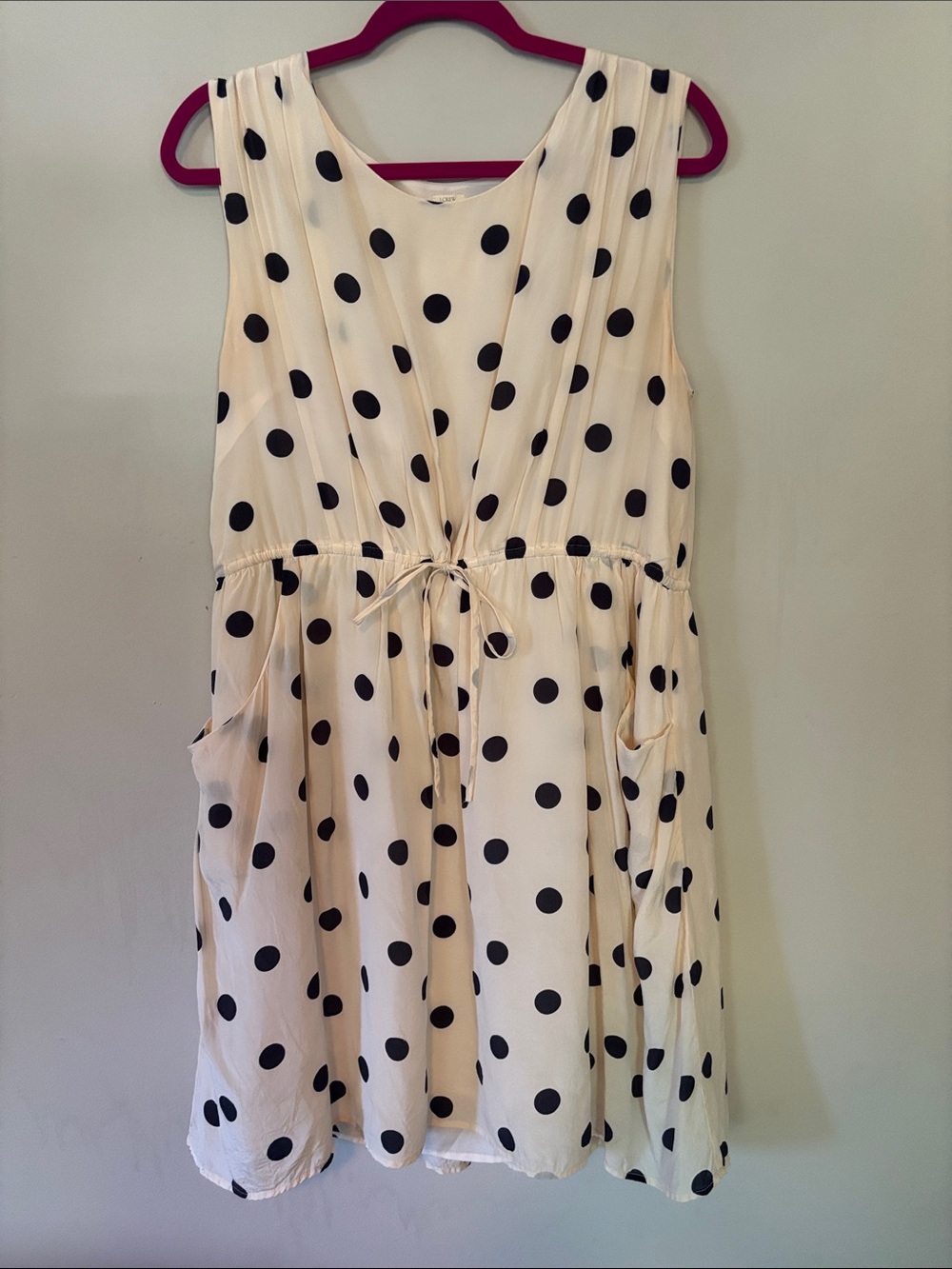 J.Crew 100% Silk Polka Dot Sleeveless A-Line Dress Size 12 Cream Navy Pockets